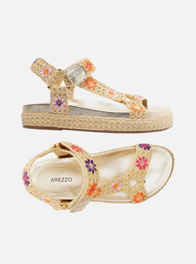 Sandália Papete Cru Crochê Flatform Flores