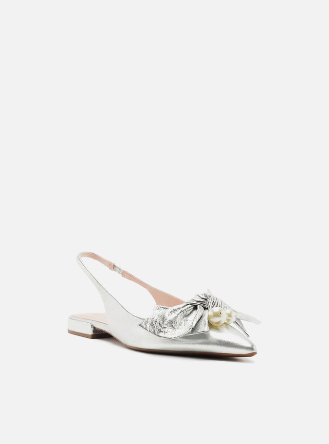 Sapatilha Prata Couro Slingback Laço Pérolas
