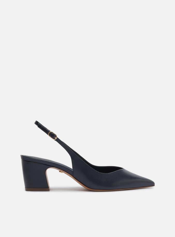 Scarpin Azul Couro Salto Médio Bloco Slingback