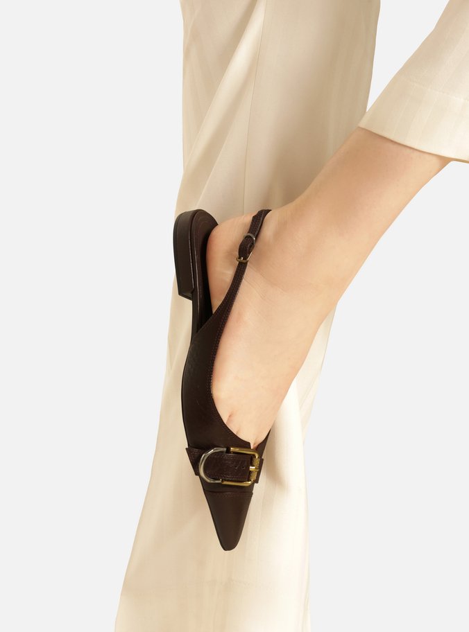 Sapatilha Marrom Couro Textura Slingback Fivela