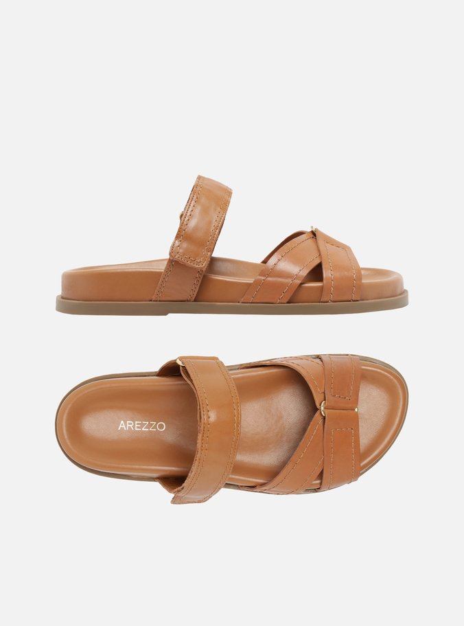 Sandália Rasteira Marrom Couro Tiras Velcro