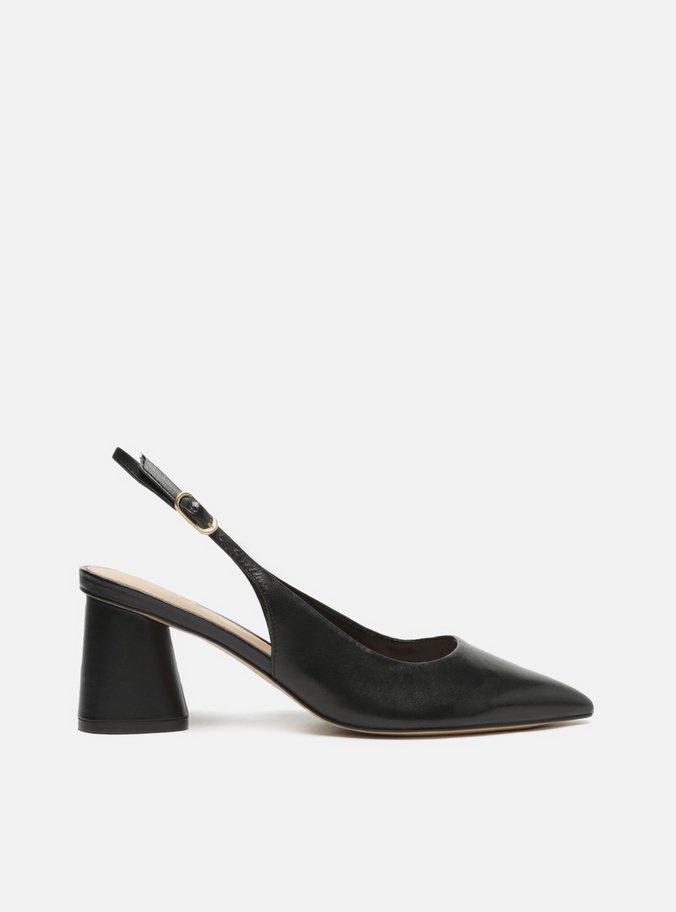 Scarpin Preto Couro Bico Fino Slingback