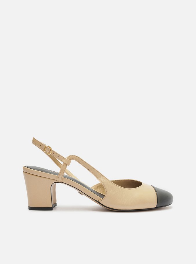 Scarpin Nude Couro Bico Redondo Cap Toe Preto