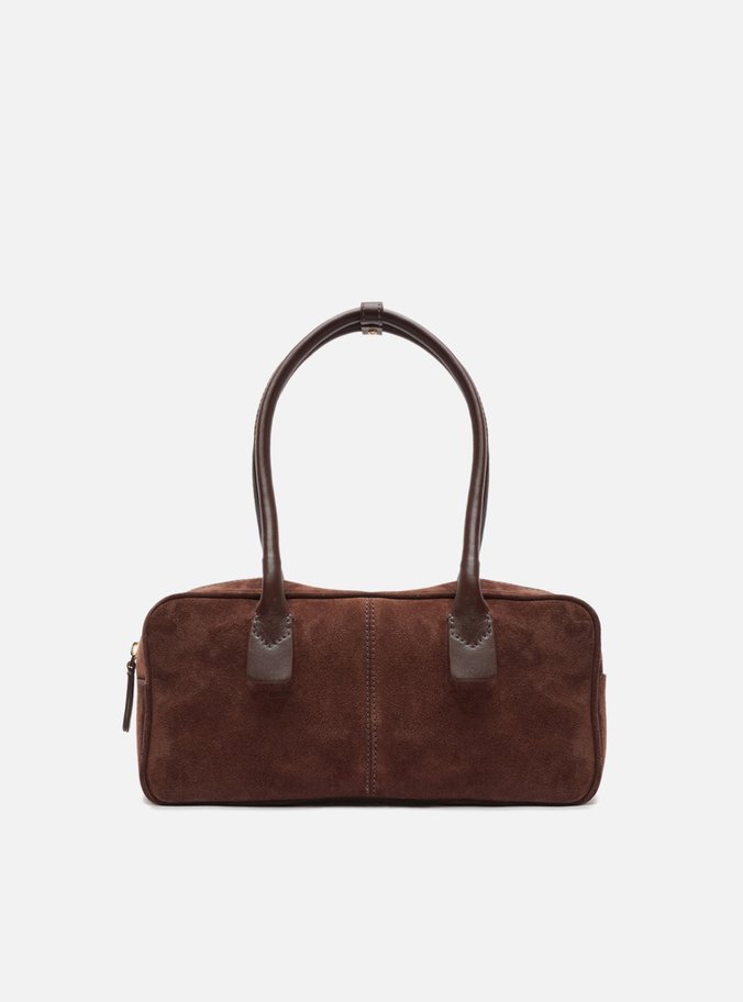 Bolsa Bowling Marrom Couro Camurça Média Alça