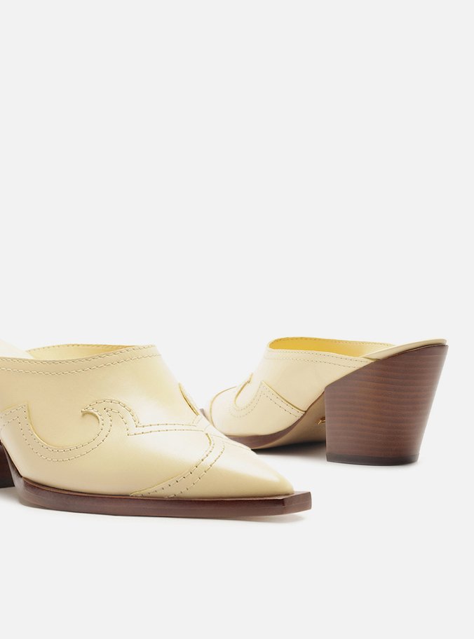 Mule Amarela Couro Salto Bloco Western