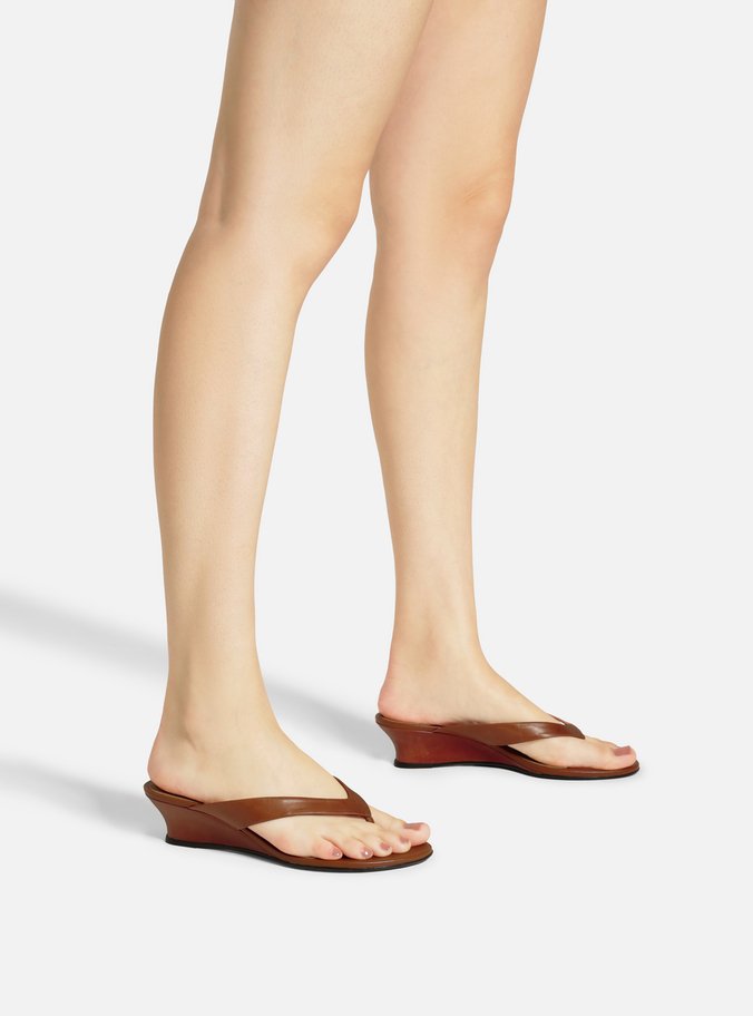 Tamanco Marrom Couro Salto Anabela Flip Flop