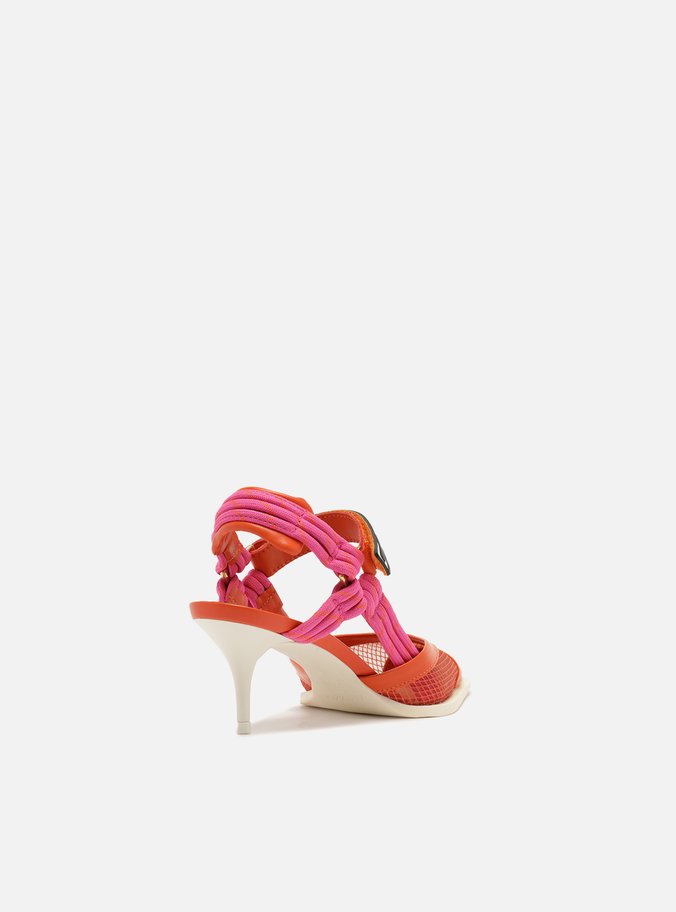 Scarpin Laranja Tela Salto Baixo Slingback Cordão