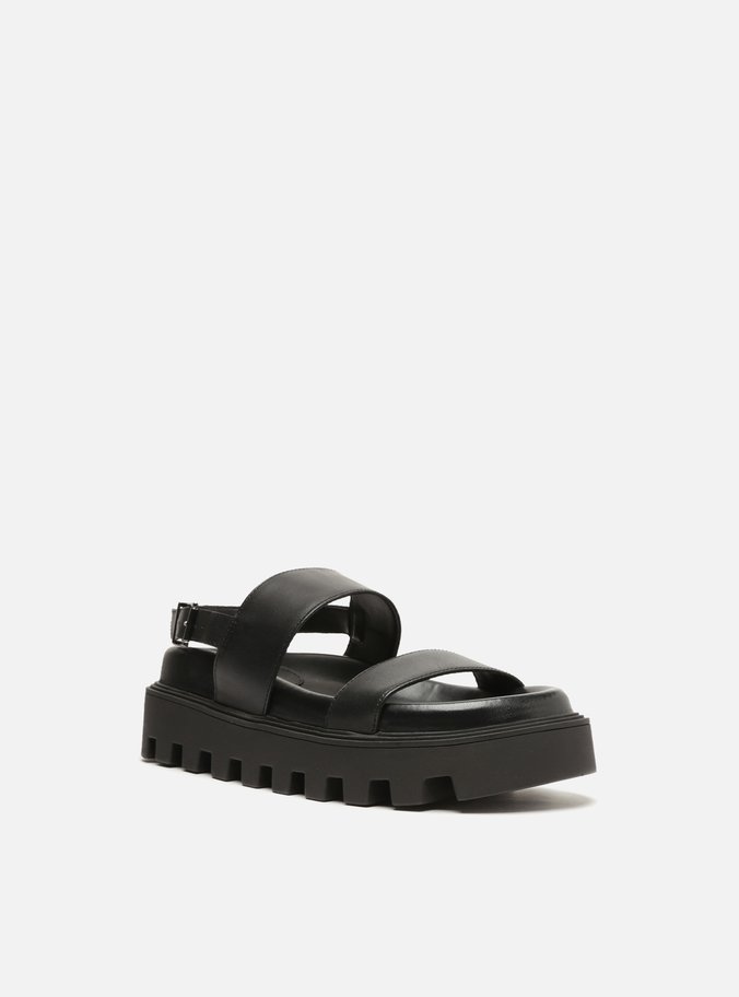 Sandália Preta Couro Flatform Tratorada