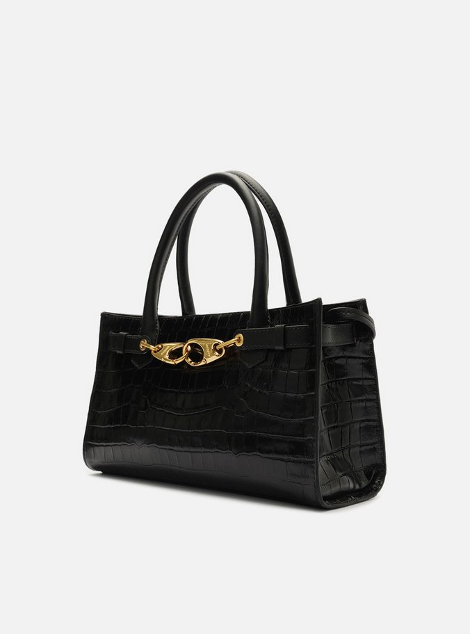 Bolsa Tote Preta Couro Croco Grande Ganchos