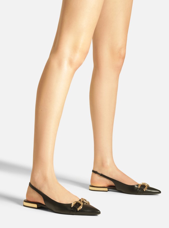 Sapatilha Preta Couro Bico Fino Slingback Bridão