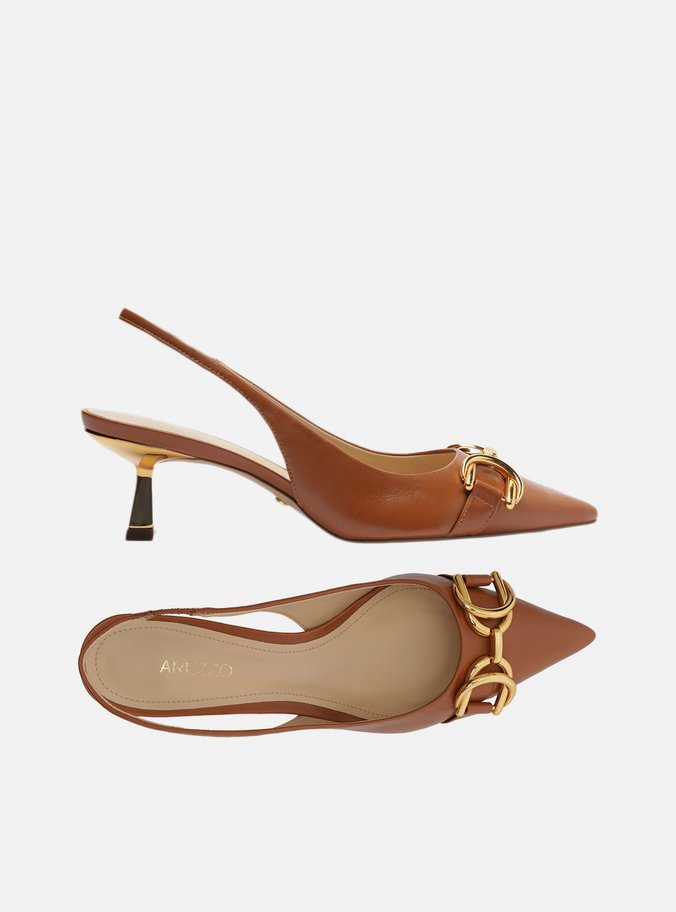 Scarpin Marrom Couro Bico Fino Slingback Bridão