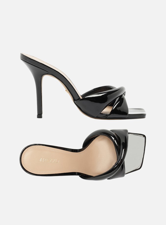 Mule Preta Salto Alto Tiras Maxi
