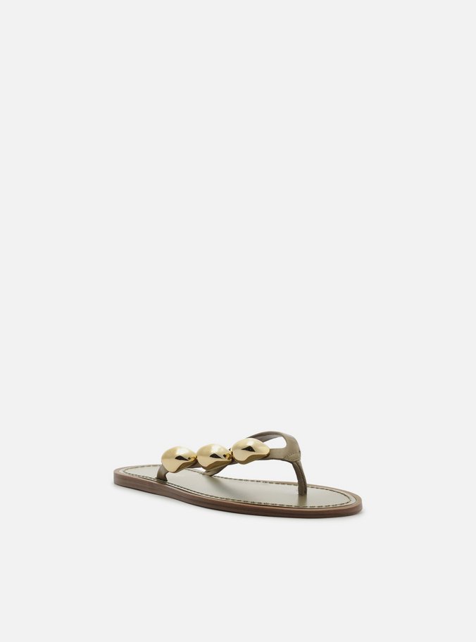 Rasteira Verde Couro Flip Flop Metais