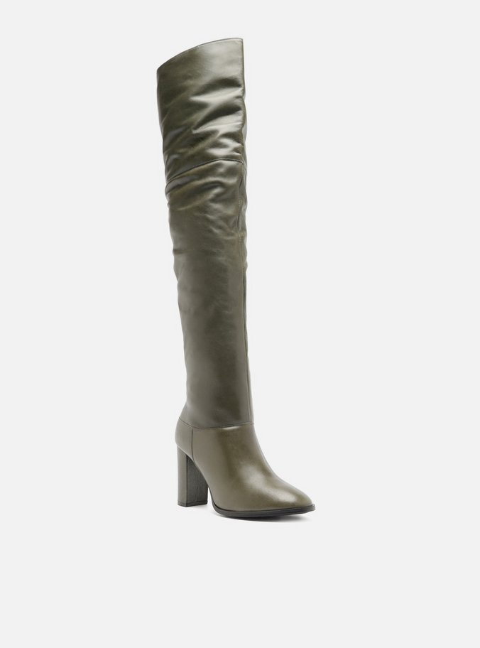 Bota Over The Knee Verde Couro Salto Fino