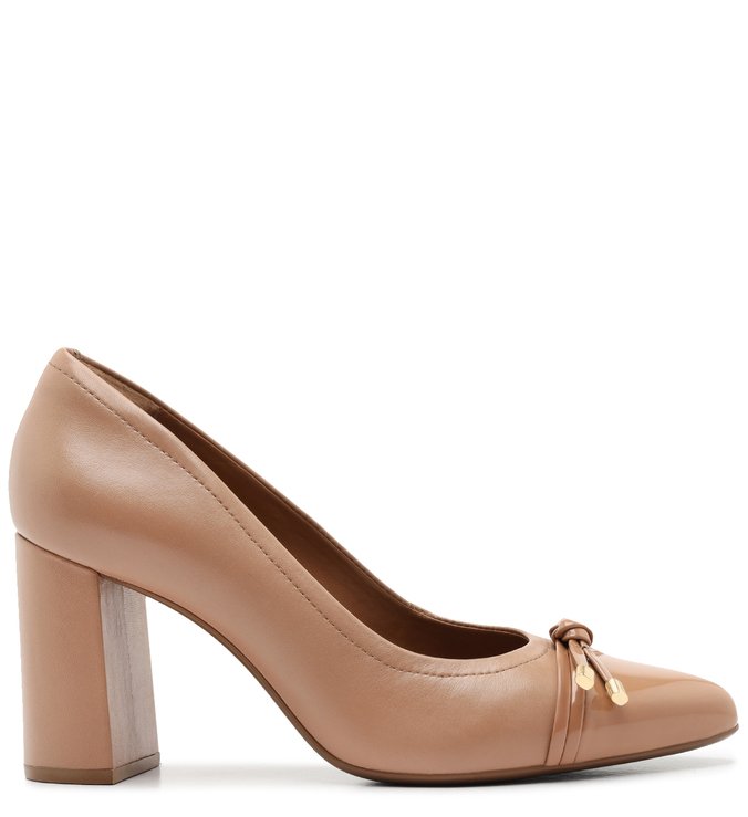 Scarpin Nude Couro Salto Bloco Tiny Bow Neo Blush