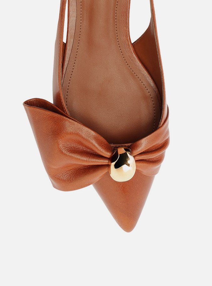 Sapatilha Marrom Couro Slingback Laço Metal