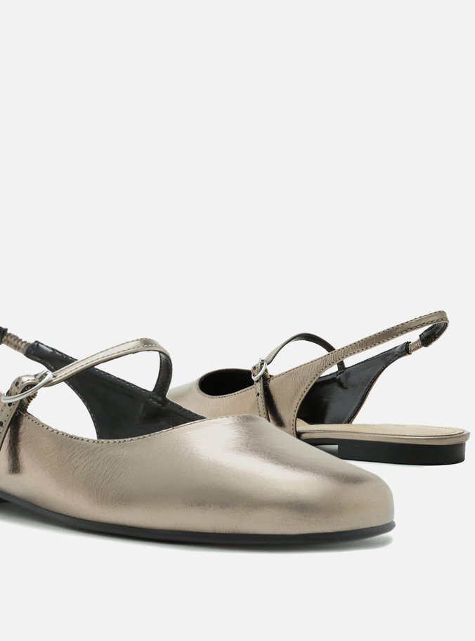 Sapatilha Boneca Dourada Couro Tira Slingback