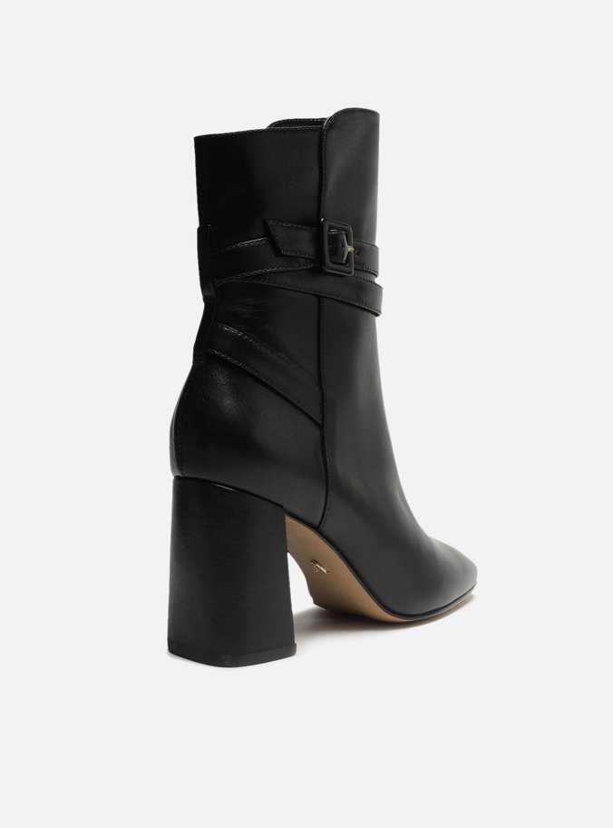 Bota Preta Couro Cano Médio Salto Bloco Tira