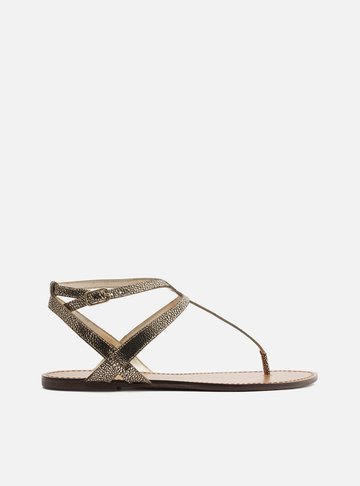 Sandália Rasteira Dourada Craquelê Slim Cross