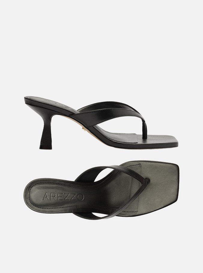 Tamanco Preta Couro Salto Fino Flip Flop
