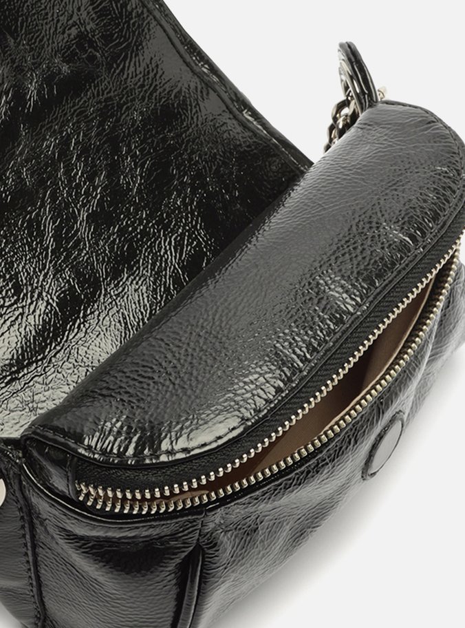 Bolsa Tiracolo Preta Couro Shine Pequena Ilhós