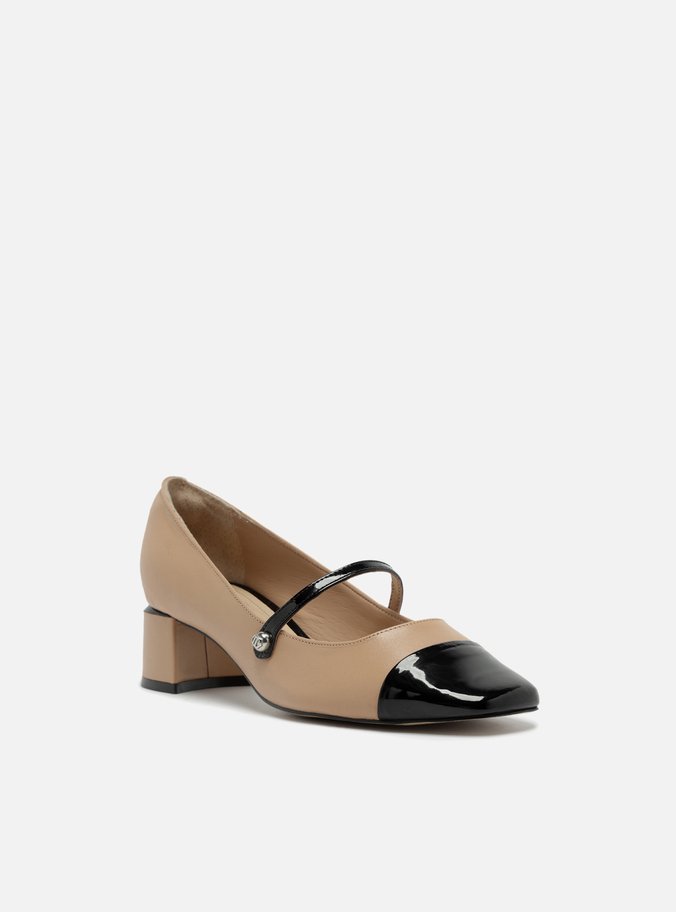 Sapato Boneca Bege Couro Cap Toe Preto