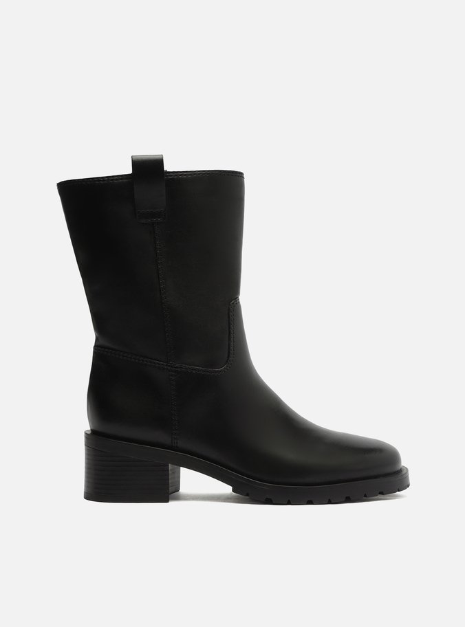 Bota Preta Couro Cano Médio Bloco Tratorada