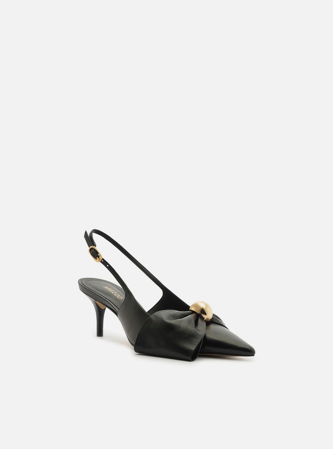 Scarpin Preto Couro Slingback Laço Metal