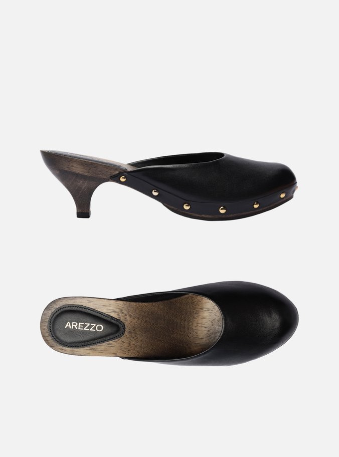 Mule Clog Preta Couro Salto Baixo