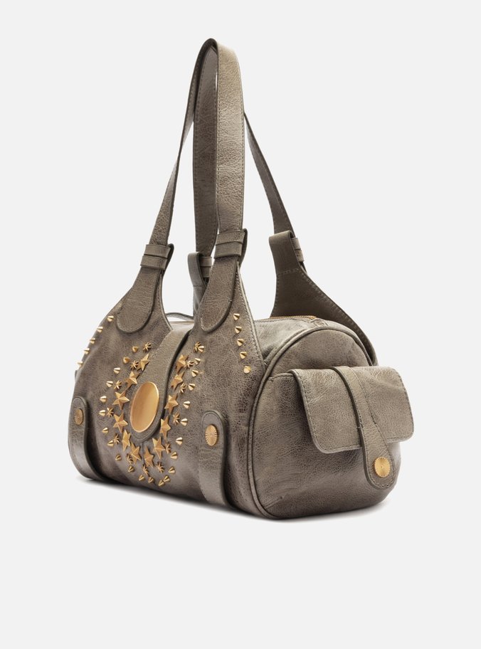 Bolsa Bowling Cinza Couro Grande Metais Folk