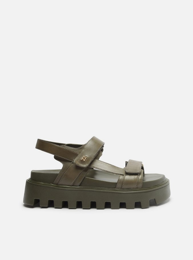 Sandália Papete Verde Couro Flatform Tratorada