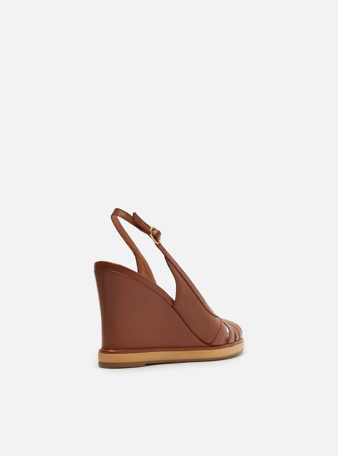 Sandália Marrom Couro Salto Alto Anabela Slingback