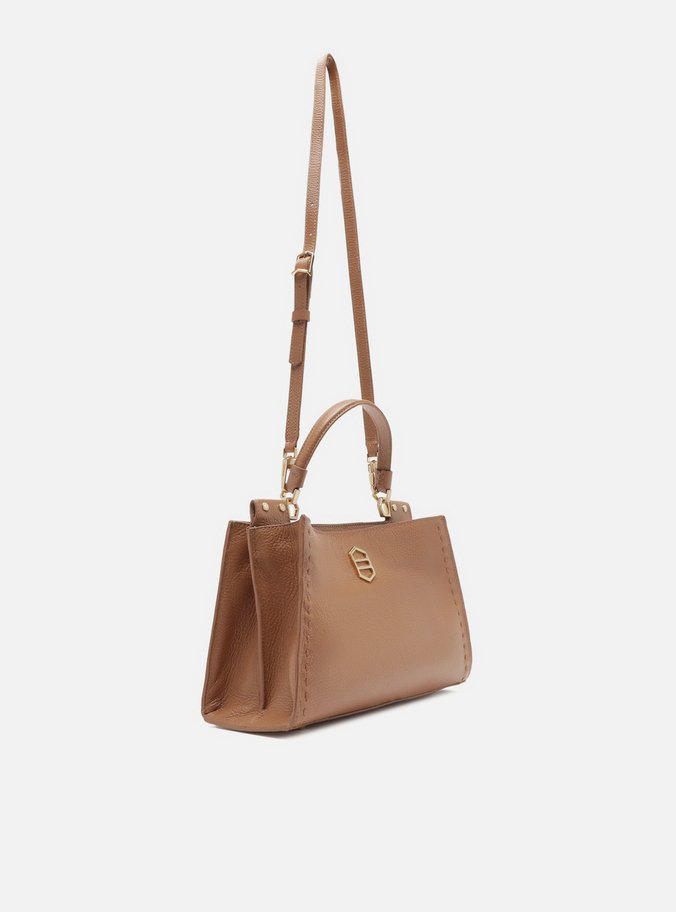 Bolsa Tote Marrom Couro Grande Metal