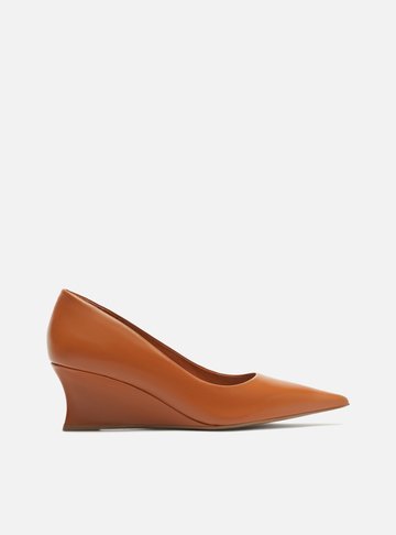 Scarpin Marrom Couro Salto Baixo Anabela Bico Fino