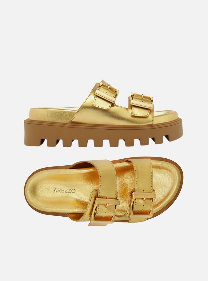 Sandália Metalizada Couro Flatform Tratorada