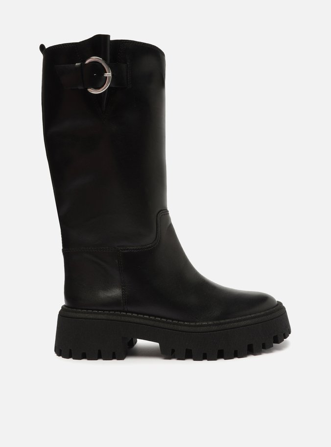 Bota Preta Couro Cano Longo Tratorada