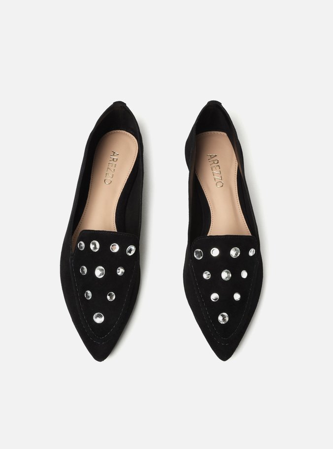 Mocassim Preto Couro Salto Rasteiro Strass