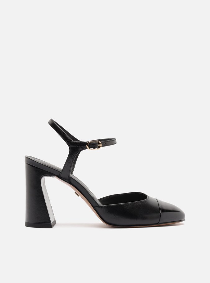 Scarpin Preto Couro Salto Bloco Fivela Slingback Cap Toe Preto
