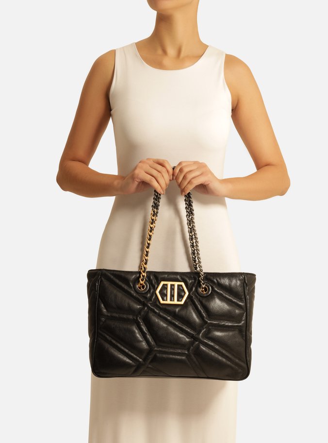 Bolsa Shopping Preta Couro Emma Grande Corrente