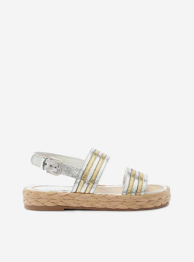 Sandália Papete Metalizada Couro Flatform Fivela