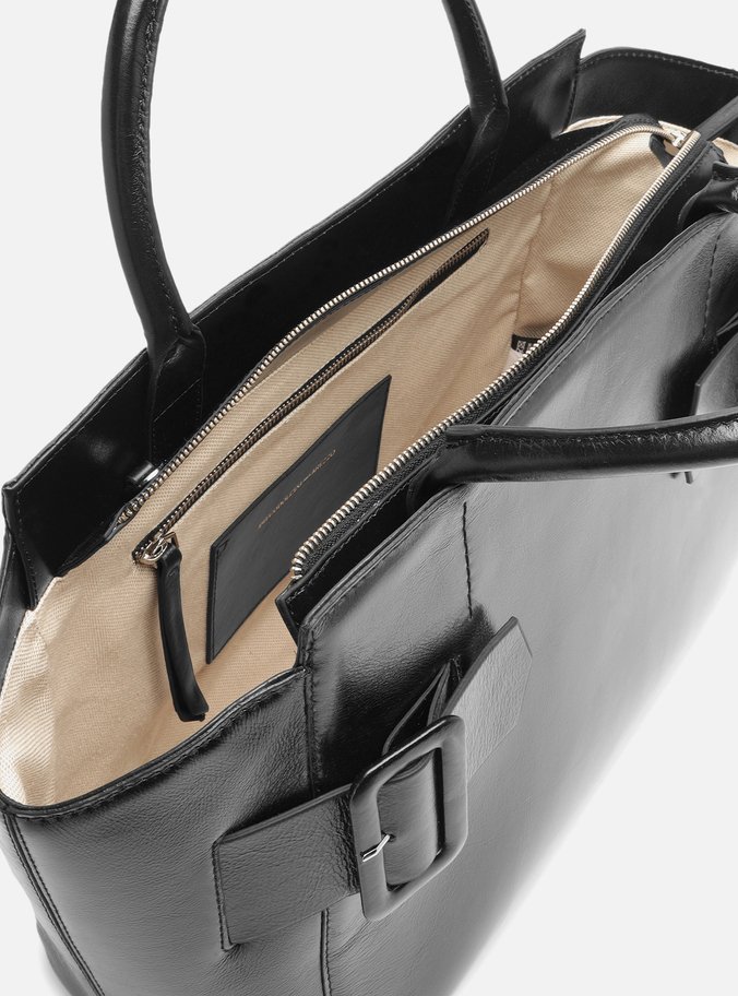 Bolsa Tote Preta Couro Grande Fivelas