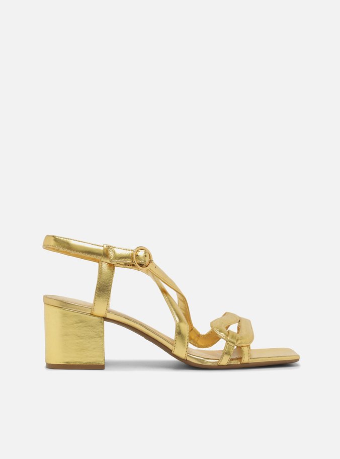Sandália Dourada Salto Médio Bloco