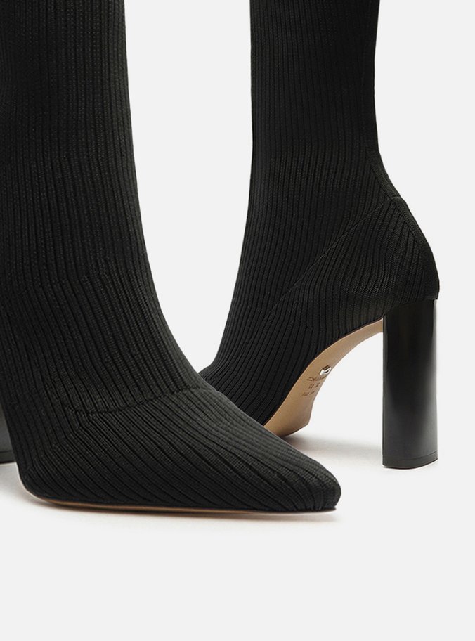 Bota Skinny Preta Knit Cano Longo Salto Bloco