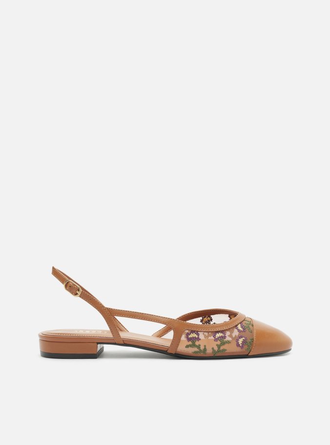 Sapatilha Marrom Slingback Flores Bordadas