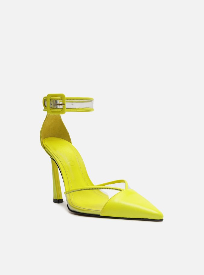 Scarpin Amarelo Couro Salto Alto Bico Fino Vinil