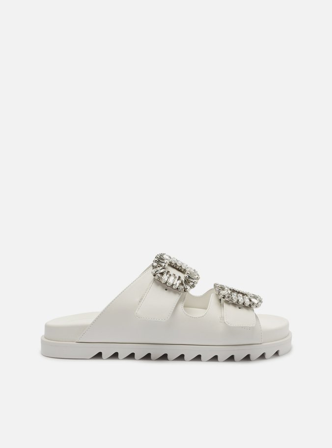 Sandália Slide Branca Couro Flatform Pedraria