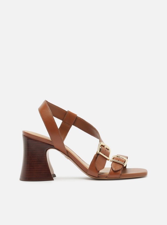 Sandália Marrom Couro Salto Médio Tira Curva