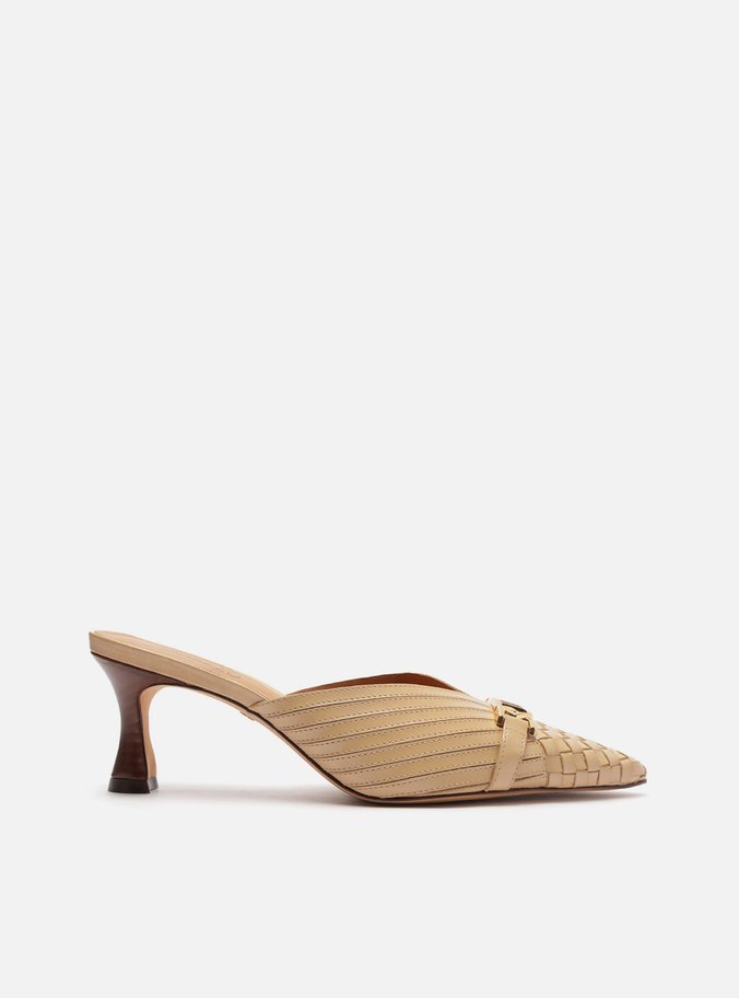Mule Nude Couro Bico Fino Slingback Metal