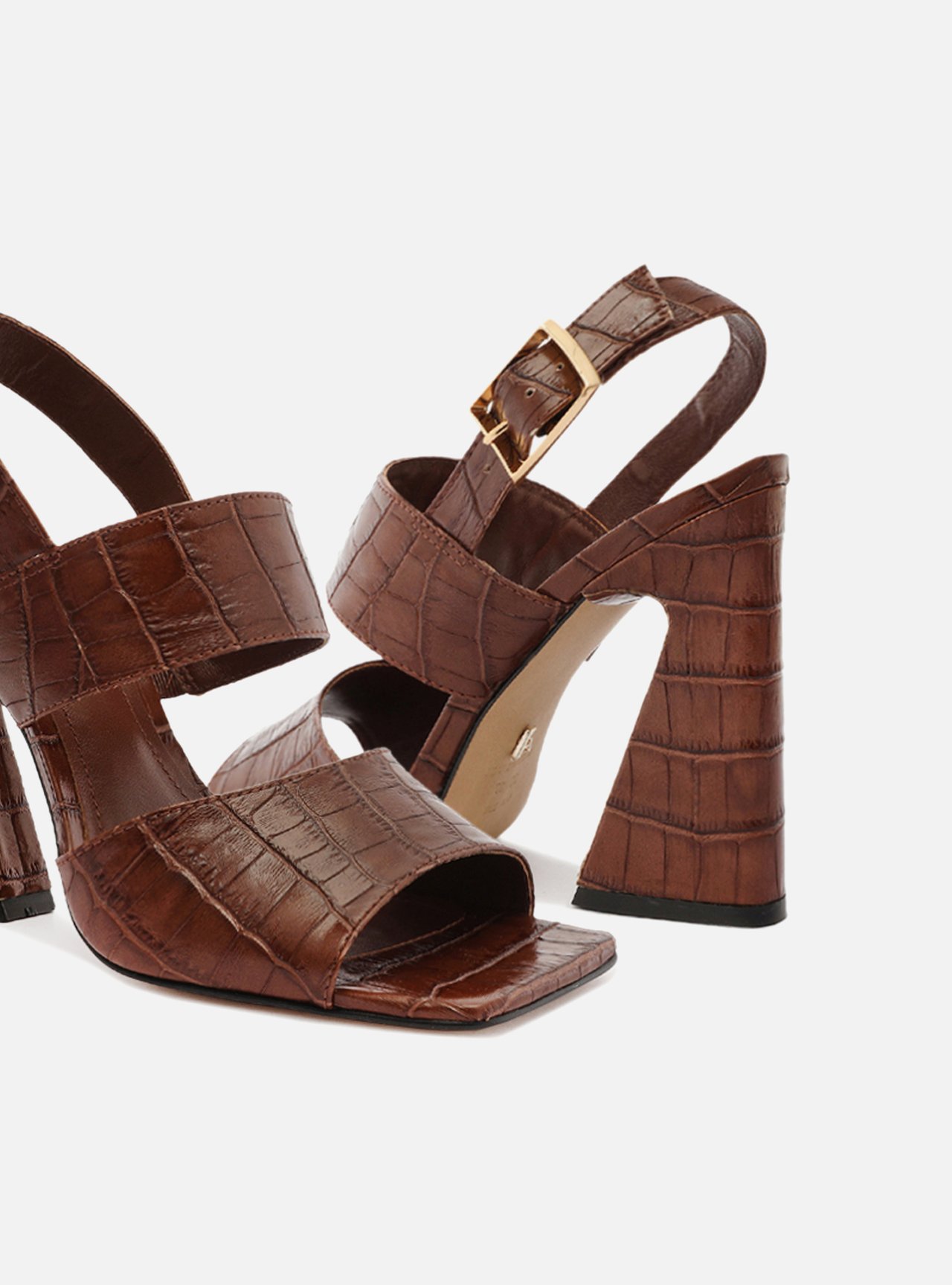 Sandália Marrom Croco Salto Alto Bico Quadrado — foto 4