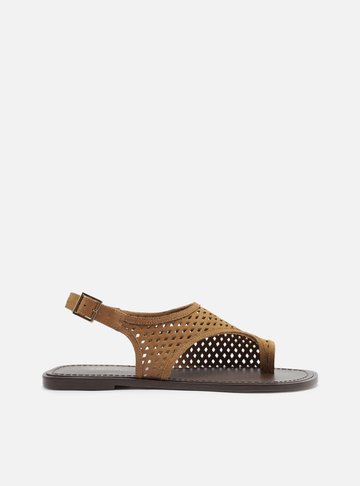 Rasteira Marrom Suede Cabedal Vazado Fivela